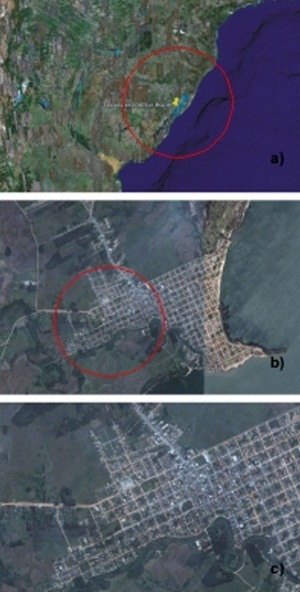Figura 1 - a) Localização da cidade de São Lourenço do Sul na região; b) Localização do bairro na cidade; e c) O bairro a Lomba" [Google Earth, 2007]