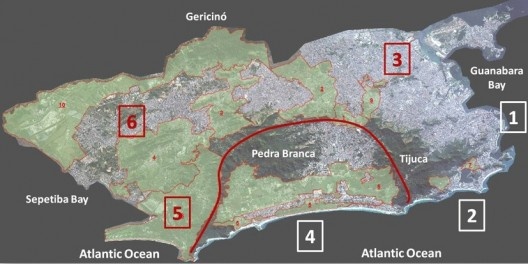 Proposta dos Corredores Verdes conectando a Tijuca, Pedra Branca e o maciço Gericinó. Zonas da cidade: (1) Centro; (2) Sul; (3) Norte; (4) Bacia Hidrográfica do Jacarepaguá – Corredor Verde Olímpico; (5) Bacia Hidrográfica de Guaratiba; (6) Zona Oeste. A <br />Imagem adaptada de Mosaico Carioca – Corredores Verdes – SMAC-RJ  [divulgação]