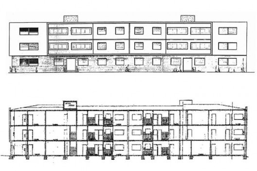 Fachada do conjunto de dois edifícios / Corte Longitudinal dos edifícios. Projeto aprovado, 1955 [DPH - Departamento de Patrimônio Histórico]