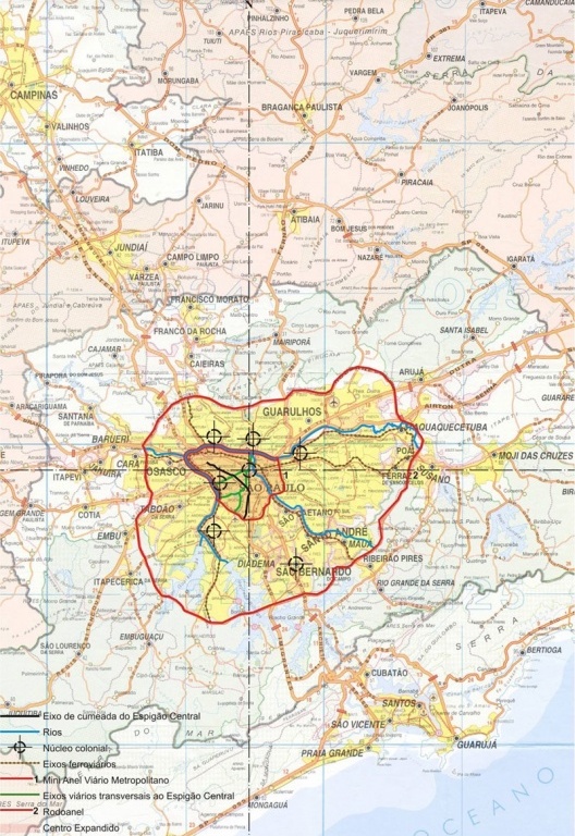 Mapa 1: A cidade na rede atual. Desenho sobre São Paulo Político e Rodoviário [Geomapas Editora de Mapas e Guias Ltda, 2002]
