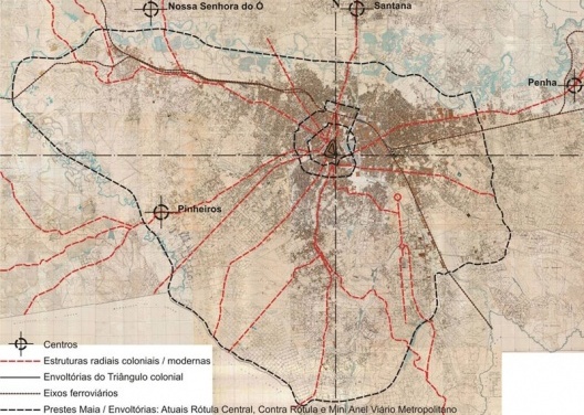 Mapa 5: O plano de Avenidas e o Mapa Topográfico do Município de São Paulo. Sara Brasil, 1930. Desenho sobre fls. 34 a 40; 47 a 54; 51 a 68 [Arquivo Histórico Municipal]