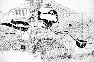Proposta de Urbanização do Vale do Rio Tietê. Plano de Ulhoa Cintra, 1924  [TOLEDO, Benedito L. de. Prestes Maia e as origens do urbanismo moderno em São Paulo]