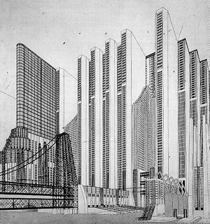 Projeto de "Contrução para uma metrópole moderna" de Mario Chiattone, 1914 [Dethier e Guiheux, op. cit.: 197]