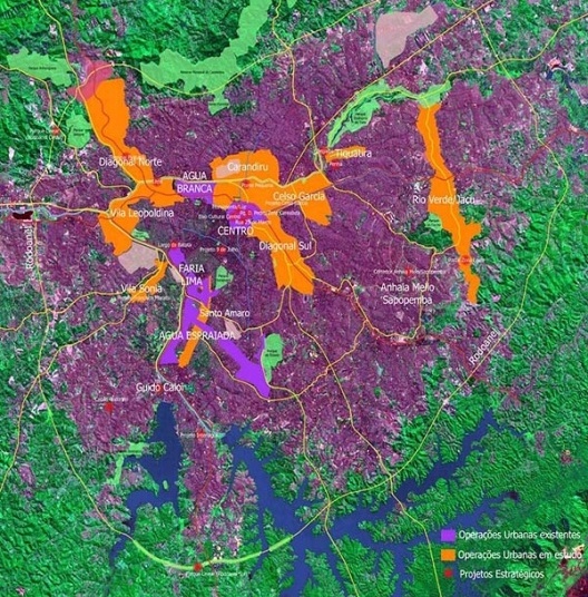 PDE: Operação Urbana: localização das operações urbanas em São Paulo: vigentes (lilás) propostas no PDE 2002 (laranja) [SEMPLA/PMSP]