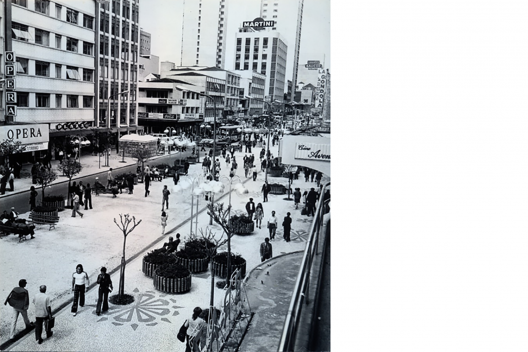 Trecho da avenida Luís Xavier com o mobiliário urbano exclusivo, desenhado pelo arquiteto Abraão Assad, na década de 1970<br />Foto divulgação  [Biblioteca Pública do Paraná]