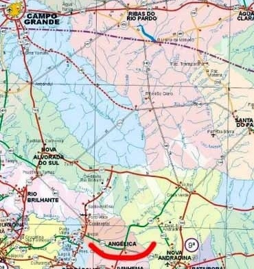 Trecho do mapa de MS com a localização de Angélica