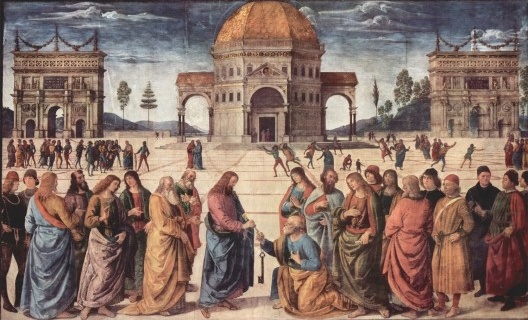 Entrega das chaves a São Pedro, Pietro Perugino, 1481-1482, afresco da Capela Sistina, Vaticano