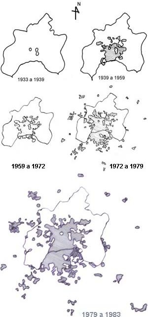 Fases, aglomerado urbano de Goiânia, expansão urbana, 1984. Áreas loteadas. Escala aproximada: 1: 600.000<br />Fonte: VAZ, 2002, p. 35 