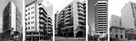 Da esquerda para a direita: gabarito pelo decreto nº 322 de 1976 com embasamento de garagem; edificações feitas com base nos PEUs de Botafogo e Leblon (duas últimas); edifício com embasamento e vazio entre edificações após 1990 (duas últimas)<br />Fotos David Cardeman, 2004/2006 