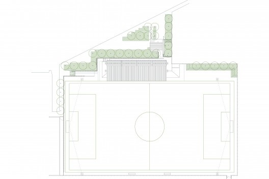 Campo de fútbol A Gandareira, planta baja cubierta, Silleda, Pontevedra, España, 2018. Arquitectos Abraham Castro Neira y Carlos Alberto Pita Abad<br />Imagén divulgacíon  [Colección Abraham Castro Neira y Carlos Alberto Pita Abad]