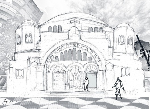 Desenho e colagem digital da fachada do Templo Beth El<br />Elaboração Gabriel Neistein Lowczyk, 2020 