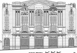 Desenho da fachada, levantamento métrico-arquitetônico