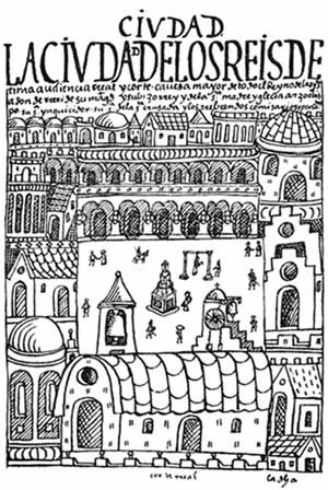 Ciudad. Guamán Poma de Ayala. A cidade dos Reis de Lima. Audiência Real e Corte, centro de todo o reino das Índias, aonde reside Sua Majestade e seu vice-rei, e o Arcebispo da Santa Madre Igreja, Sua Senhoria Inquisidor, Sua Senhoria da Santa Cruzada e os [G. Poma de Ayala, Nueva Coronica y Buen Gobierno, F. Pease ed. México D.F, Fondo de Cultur]