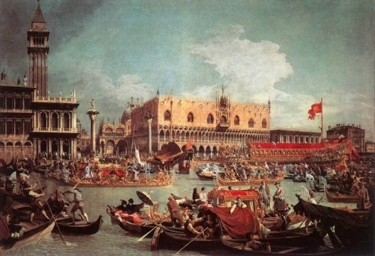 <i>Il ritorno del Bucintoro al molo nel giorno dell’ascensione</i>, Canaletto, 1734<br />Imagem divulgação  [Wikimedia Commons]