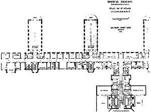 Planta, Hospital de Clichy, Clichy (por J. Walter, 1929) [FERMAND, C.. Les hôpitaux et les cliniques: architectures de la santé, Paris, Le Moniteur,]