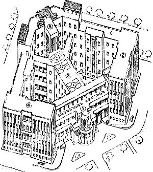 Perspectiva, Hospital Monte Mario, Roma (por C. Gasparri, 1947) [FERMAND, C.. Les hôpitaux et les cliniques: architectures de la santé, Paris, Le Moniteur,]