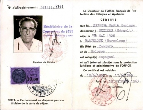 Certificado de Refugiado de Domingo Escorsa, Office Français de Protection des Réfugiés et Apatrides (1963) [Arxiu Nacional de Catalunya]