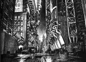 Esboço para a cidade de Gotham City do filme Batman, de Tim Burton, EUA, 1989
