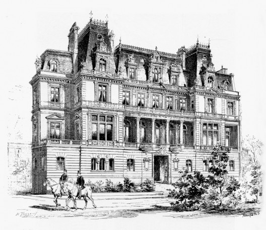 Hotel de M. de Yturbe, Avenue du Bois Boulogne, 1892, do arquiteto M. F. Gaillard, publicado em <i>La Semaine des Constructeurs</i>, 1892<br />Desenho de M. Toussaint  [<i>Renaissance italienne et architecture au XIXe siècle</i>, figura 141]