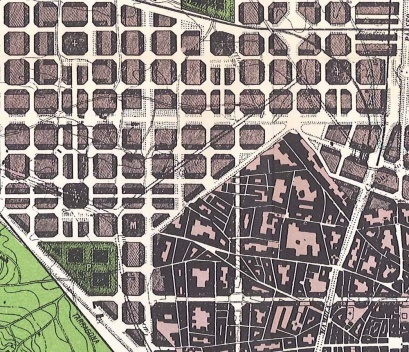 Plano de Ensanche, Idelfons Cerdà, 1859 (fragmento) [2C: Construcción De La Ciudad, copia color del plano original, 1972.]