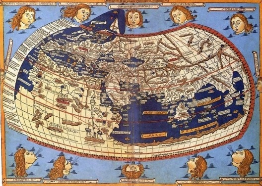 gravado por Johannes Schnitzer (1482) com base nas tabelas do tratado Introdução à Geografia, de Claudio Ptolomeu, escrito em 150/170. Com latitudes e longitudes, linha do Equador e dos trópicos (esquemas)<br />Ptolomeo, Cartographia  [Biblioteca Hispânica Digital]