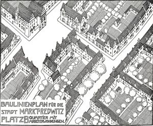Desenvolvimento de um plano de alinhamento [Der Städtebau, 1909, prancha 36, apud PICCINATO, 1974,  p.96]