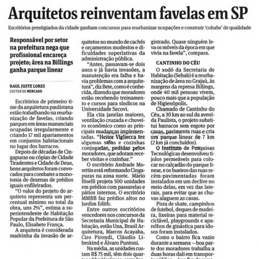 Artigo de Raul Juste Lores sobre projeto de reurbanização de favela, publicado no caderno Cotidiano do jornal Folha de S.Paulo<br />Imagem divulgação 