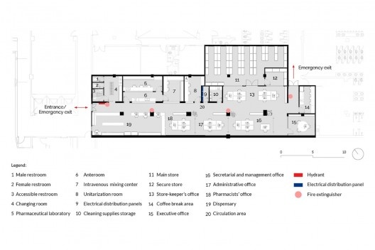 Floor plan of the short-term project for the pharmacy at the University Hospital of USP, São Paulo SP<br />Adapted by Luíza Carneiro de Oliveira  [Collection of the Physical Space Superintendence of the University of São Paulo]