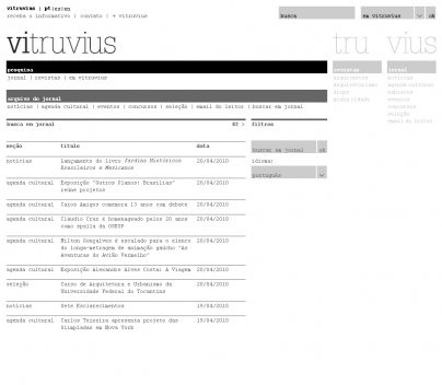 Página de abertura da seção "pesquisa" do novo Vitruvius