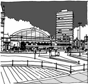 Proposta da Liverpool Vision visando o restabelecimento do esplendor arquitetônico da Lime Street.<br />Ilustração de Neil Chapman 