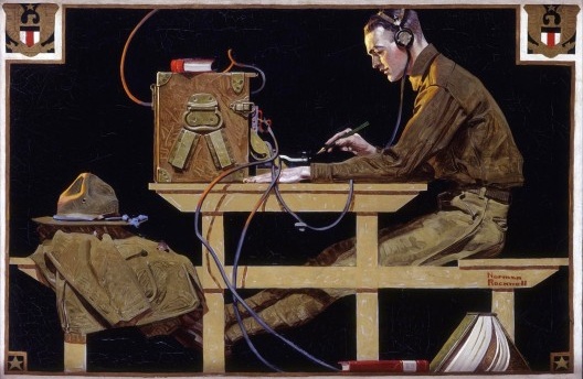 Norman Rockwell, <i>U.S. Army Teaches a Trade (G.I. Telegrapher)</i>, óleo sobre tela, 1919. Operador de mesa de telégrafos<br />Imagem divulgação  [Wikimedia Commons]