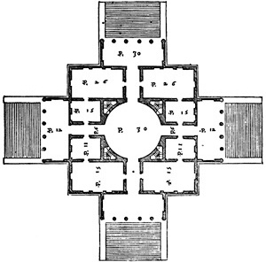 Villa Rotonda, planta, século 16. Arquiteto Andrea Palladio
