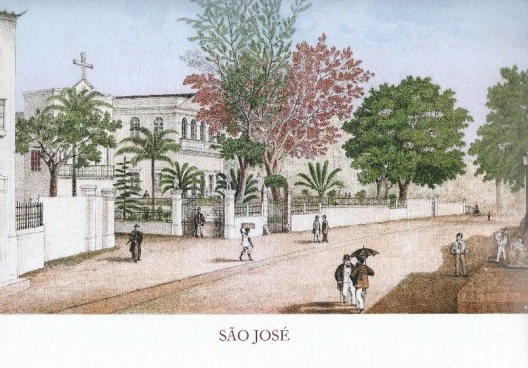 Vista da Igreja de São José dos Manguinhos e da propriedade do Visconde Loyo, com a Estrada da Ponte d´Uchoa, em 1878<br />Imagem divulgação  [Álbum de Pernambuco, 1878]