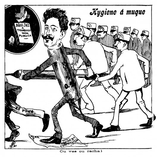 "Higiene à muque", caricatura de Oswaldo Cruz por Augusto Rocha<br />Domínio público  [Revista <i>Tagarela</i>, ano 3, n. 129, 11 agosto 1904, p 12]