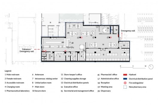 Floor plan of the long-term project for the pharmacy at the University Hospital of USP, São Paulo SP<br />Adapted by Luíza Carneiro de Oliveira  [Collection of the Physical Space Superintendence of the University of São Paulo]
