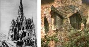 À esquerda, croqui para Cripta da Capela Güell, Arquiteto Antoni Gaudí.À direita, situação atual<br />Foto de Fábio Müller  [www.gaudiclub.com]