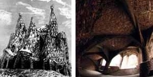 À esquerda, croqui para Cripta da Capela Güell, Arquiteto Antoni Gaudí. À direita, situação atual<br />Foto de Fábio Müller  [www.gaudiclub.com]
