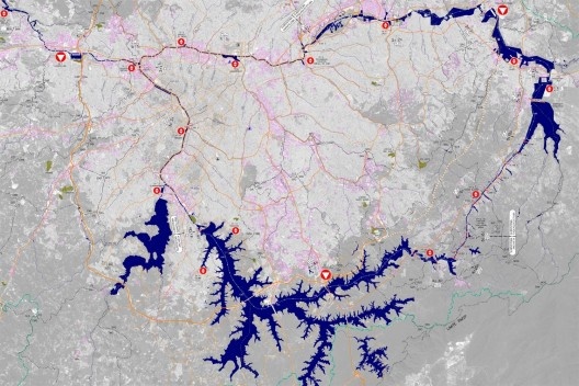 desenho com a localização dos portos e parques fluviais urbanos<br />mapa do grupo  [grupo Metrópole Fluvial]