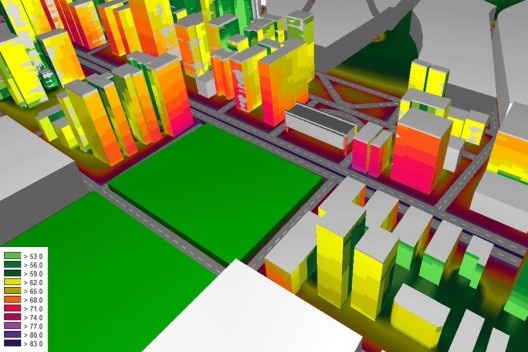 Mapa de ruído na Avenida Paulista, gerado através de um programa de mapeamento acústico com medição na área próxima ao Masp, São Paulo, dia 25 de abril de 2012<br />divulgação  [ProAcústica]