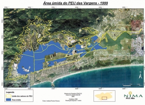 Figura 5. Redução das áreas úmidas (brejos e matas riparianas) na Baixada de Jacarepaguá no período de 1984 a 1999 [IPP (1999)]