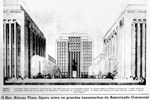 Praça do Palacio do Comercio visto da rua Primeiro de Março 1938. Arquiteto Henri Sajous<br />Documento Maithé 