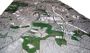 Operação Urbana Vila Sônia. Plano-Referência de Intervenção e Ordenação Urbanística. Maquete com vista geral desde Pinheiros
