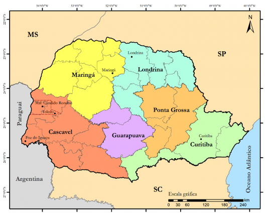 Mapa do Estado do Paraná, detalhe dos núcleos urbanos de Toledo e Marechal Cândido Rondon inseridos no perímetro da área colonizada pela Maripá<br />IBGE, 2019 