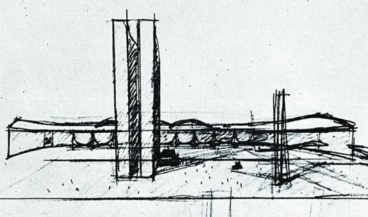 Estudo Preliminar - Perspectiva do palácio, vista oeste, 1957 [Fundação Oscar Niemeyer]