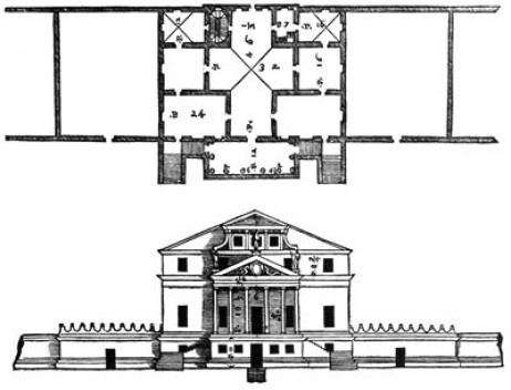 A Villa Malcontenta, como mostrada no livro de Palladio ["Quatro livros de arquitetura"]
