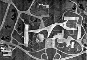 Maquete do projeto aprovado. 1953. NIEMEYER, Oscar. “Mutilado o conjunto do Parque Ibirapuera”. Módulo. Edição especial. Rio de Janeiro, 1955.