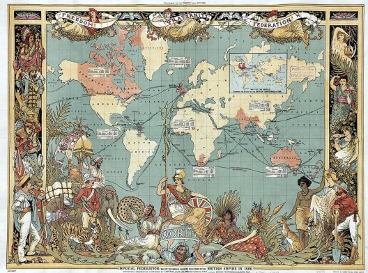 “Imperial Federation, map of the world showing the extent of the British Empire in 1886”, mapa de John Charles Ready Colomb, um capitão da marinha britânica<br />Imagem divulgação  [Acervo Biblioteca Biblioteca Pública de Boston]