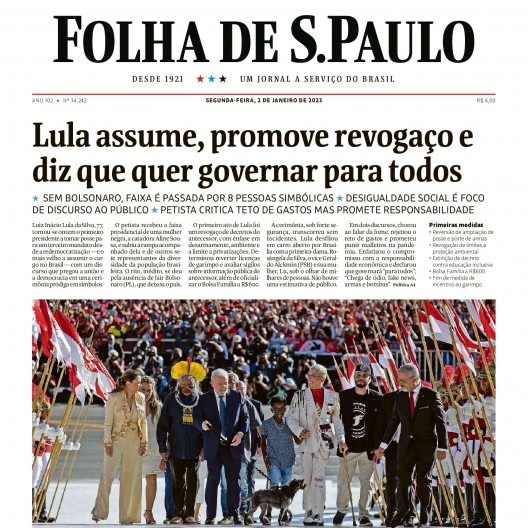 Manchetes de jornais brasileiros e estrangeiros no dia 2 de janeiro de 2023 destacam a posse de Lula ocorrida no dia anterior<br />Imagem divulgação  [Folha de S.Paulo]
