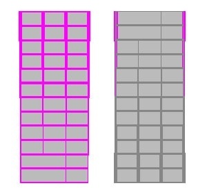 Ilustração do princípio de insolação direta diferenciada com a altura, mediante adição de brises-soleil cada vez maiores (esquerda); e ilustração do princípio de dimensionamento progressivo dos pilares à compressão (direita)