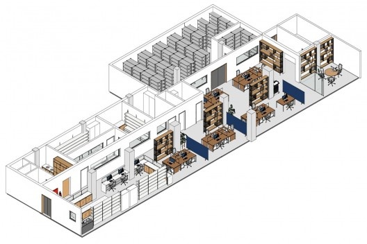 Isometric view of the short-term project for the pharmacy at the University Hospital of USP, São Paulo SP<br />Drawing by Luíza Carneiro de Oliveira 